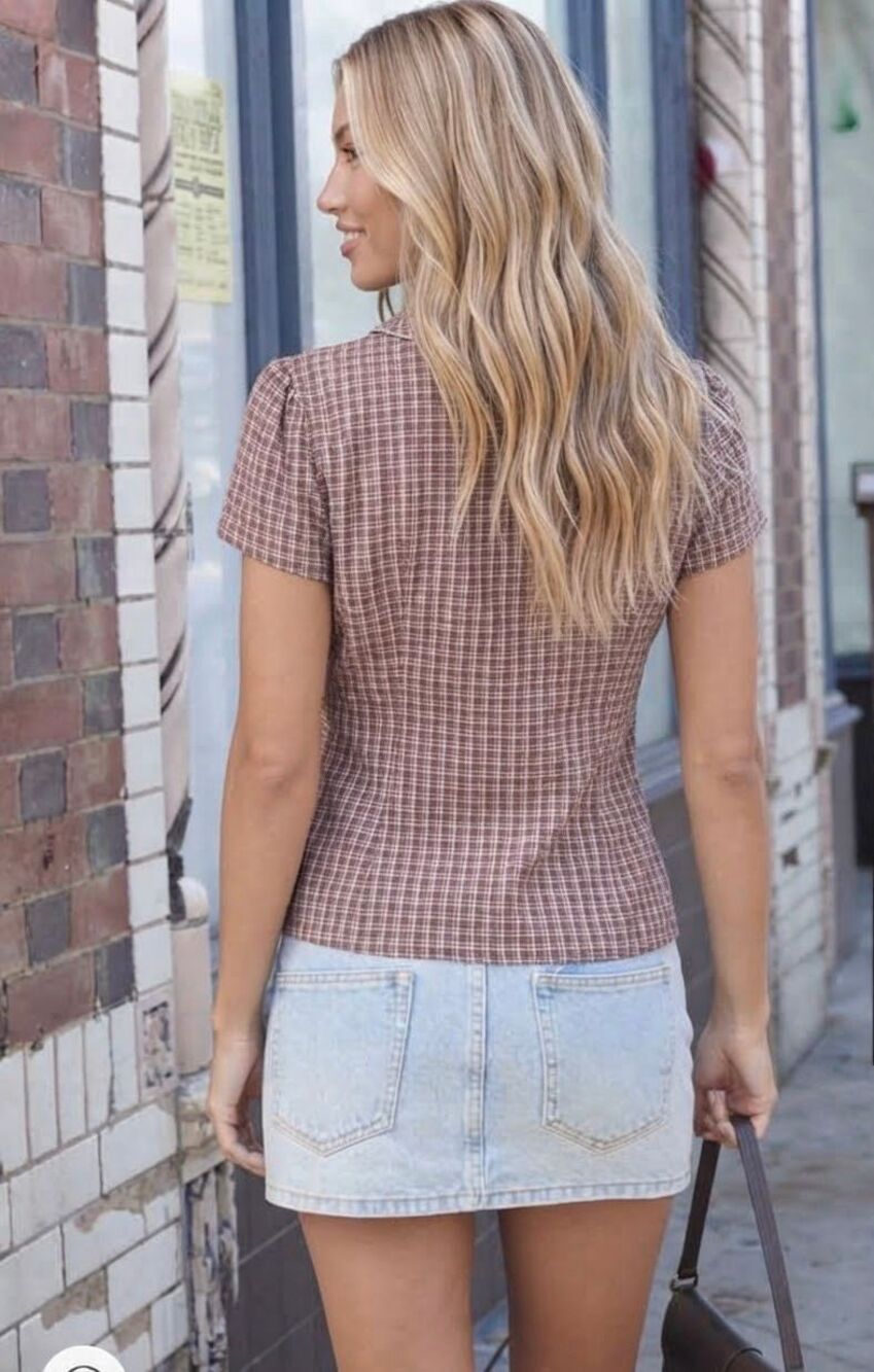 Brown Plaid Short Sleeve Button-Up Shirt NWT Classic Neutral Everyday Style - Picture 4 of 7